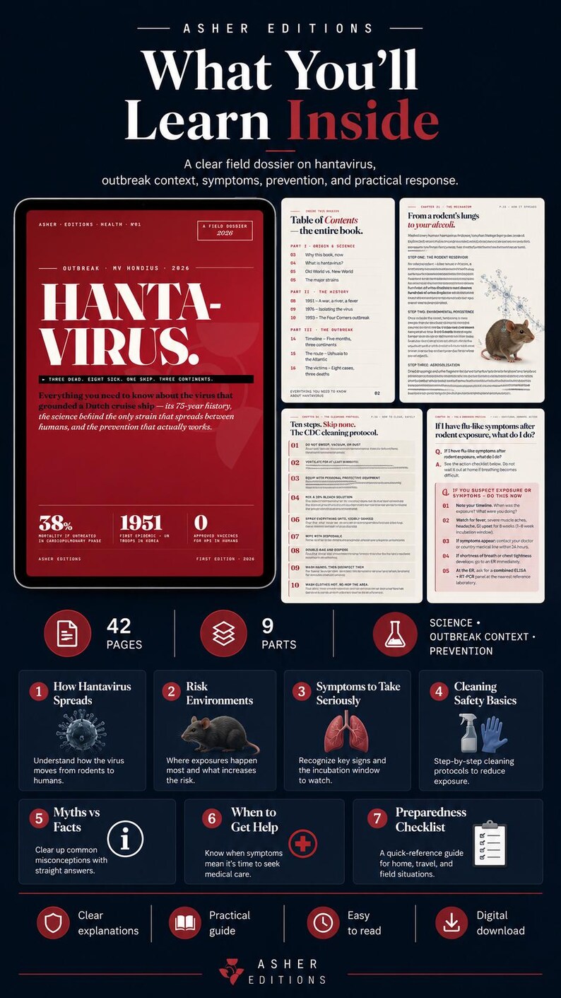 Puede incluir: Gr&aacute;fico informativo de Asher Editions sobre el hantavirus. El dossier incluye secciones sobre el contexto del brote, los s&iacute;ntomas, la prevenci&oacute;n y la respuesta pr&aacute;ctica. Incluye una tabla de contenidos, un protocolo de limpieza de los CDC y una lista de verificaci&oacute;n de preparaci&oacute;n.