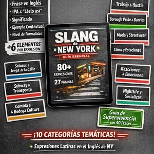 Puede incluir: Una tableta digital muestra la portada de una gu&iacute;a de jerga neoyorquina, titulada "SLANG de NEW YORK". Alrededor de la tableta hay tarjetas informativas sobre el contenido de la gu&iacute;a, incluyendo frases, ejemplos y categor&iacute;as tem&aacute;ticas.