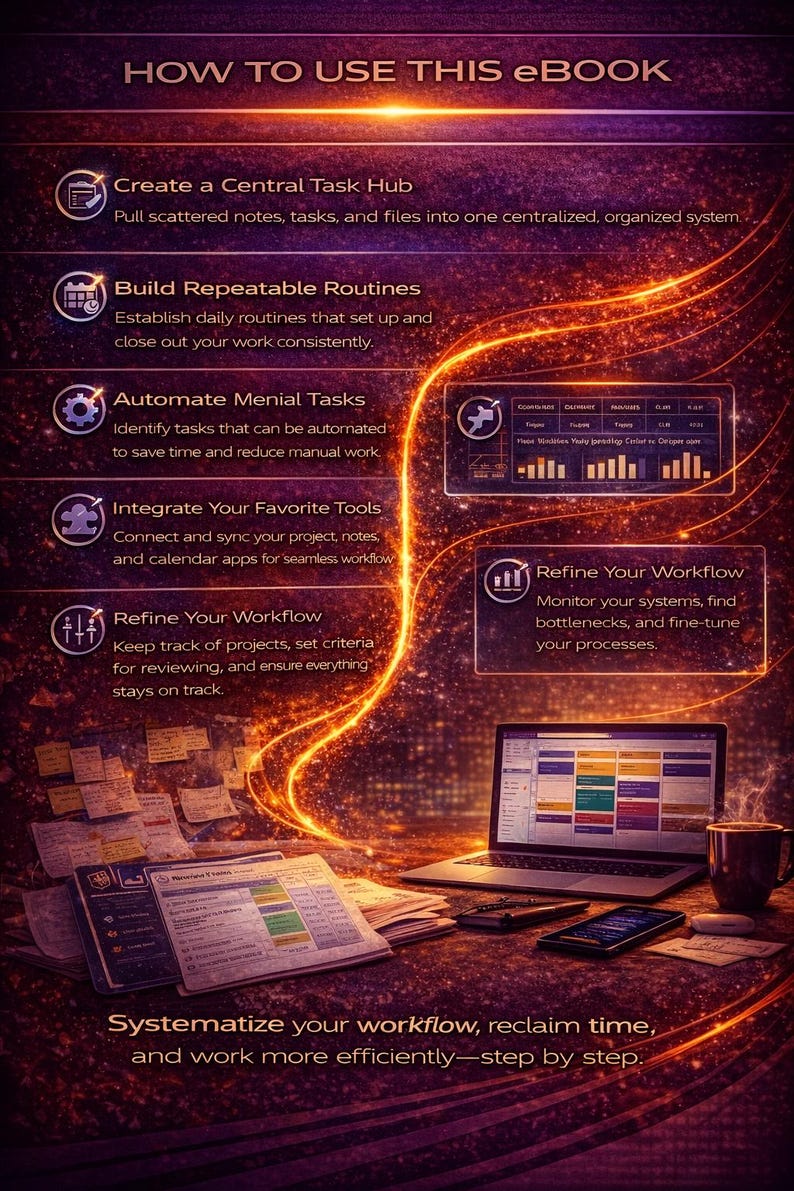 Pode incluir: Um guia de ebook intitulado "HOW TO USE THIS eBook" com etapas para sistematizar o fluxo de trabalho. A imagem apresenta um laptop, documentos e uma x&iacute;cara de caf&eacute;, com linhas laranja brilhantes.