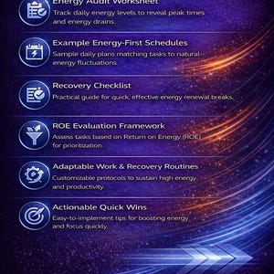 May include: A graphic with the text "WHAT YOU'LL RECEIVE" and several bullet points. The bullet points include "Energy Audit Worksheet", "Example Energy-First Schedules", "Recovery Checklist", "ROE Evaluation Framework", "Adaptable Work & Recovery Routines", and "Actionable Quick Wins".