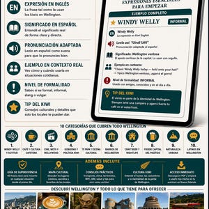 May include: Digital ebook cover with the title "CONTENIDO REAL, CLARO Y &Uacute;TIL" and the subtitle "APREND&Eacute; EL SLANG DE WELLINGTON PASO A PASO". The cover includes icons and text about Wellington, New Zealand.