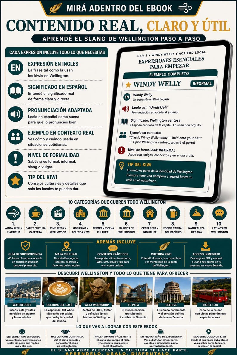 May include: Digital ebook cover with the title "CONTENIDO REAL, CLARO Y &Uacute;TIL" and the subtitle "APREND&Eacute; EL SLANG DE WELLINGTON PASO A PASO". The cover includes icons and text about Wellington, New Zealand.