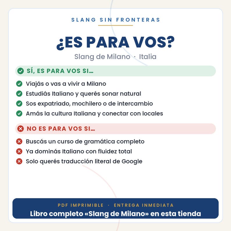 以下が含まれることがあります： SLANG SIN FRONTERASというタイトルのデジタルインフォグラフィック。見出しは&iquest;ES PARA VOS? Slang de Milano &middot; Italia。緑のチェックマークで対象者を、赤のバツ印で非対象者を示し、下部には青いフッターが配置されています。