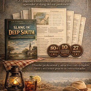 Puede incluir: Una portada de ebook titulada "Slang de Deep South" con una ilustraci&oacute;n de una iglesia. La imagen incluye texto sobre el contenido del libro: m&aacute;s de 80 expresiones, 10 categor&iacute;as tem&aacute;ticas y 27 p&aacute;ginas. Tambi&eacute;n se ven una linterna, una bebida y un sombrero de vaquero.