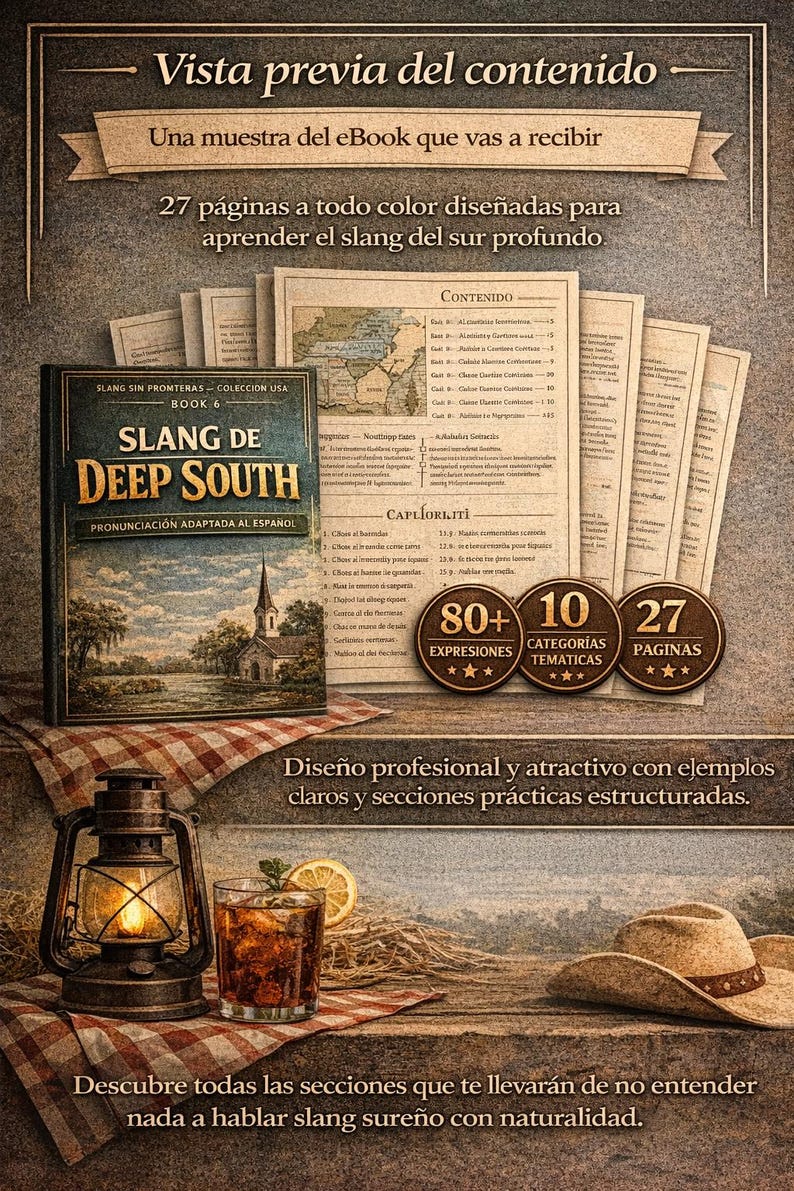 Puede incluir: Una portada de ebook titulada "Slang de Deep South" con una ilustraci&oacute;n de una iglesia. La imagen incluye texto sobre el contenido del libro: m&aacute;s de 80 expresiones, 10 categor&iacute;as tem&aacute;ticas y 27 p&aacute;ginas. Tambi&eacute;n se ven una linterna, una bebida y un sombrero de vaquero.