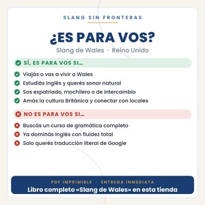 May include: A white informational graphic with blue and dark text titled Slang Sin Fronteras, featuring a checklist of criteria for a Welsh slang guide. It includes sections for who the guide is for and who it is not for, with a bottom button for a PDF.