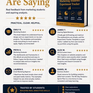 May include: An advertisement for a digital marketing student series book on analytics. The cover of the book is visible, along with testimonials from students and aspiring analysts. The book is titled "Analytics in Action: Marketing Students' Experiment Tracker."