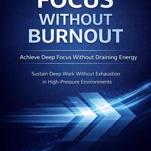 Puede incluir: Portada de libro con el título "FOCUS WITHOUT BURNOUT" en letras blancas grandes sobre un fondo azul oscuro. La portada también incluye el texto "Achieve Deep Focus Without Draining Energy" y "Sustain Deep Work Without Exhaustion in High-Pressure Environments."
