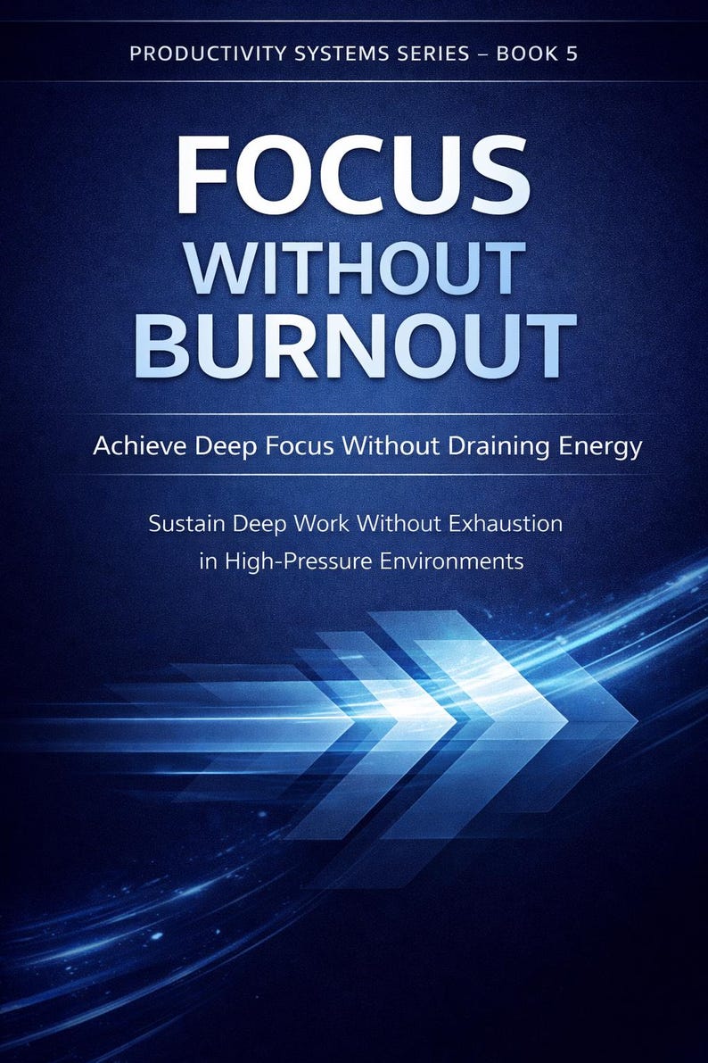 May include: Book cover with the title "FOCUS WITHOUT BURNOUT" in large white letters on a dark blue background. The cover also includes the text "Achieve Deep Focus Without Draining Energy" and "Sustain Deep Work Without Exhaustion in High-Pressure Environments."