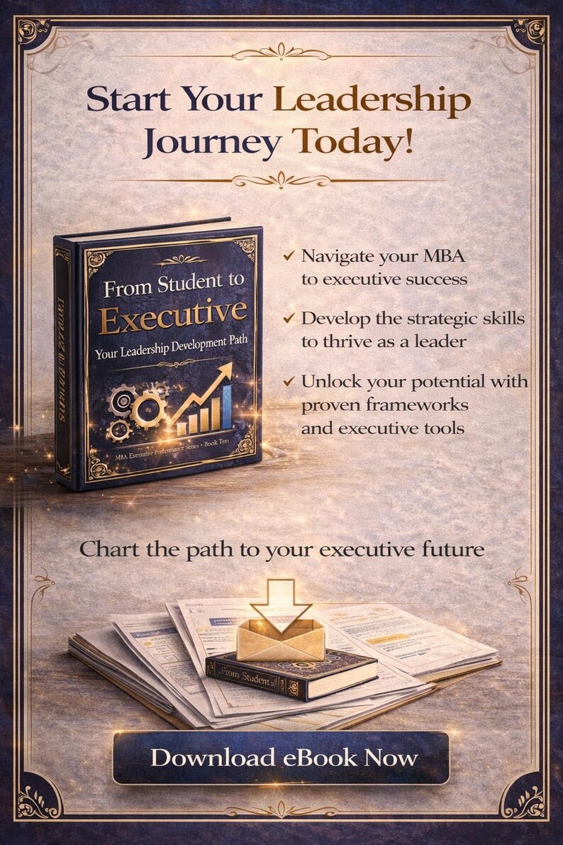 May include: An advertisement for an ebook titled "From Student to Executive" with the text "Start Your Leadership Journey Today!" The book is on a stack of papers with an arrow pointing to it. The ad promises to help navigate an MBA to executive success.