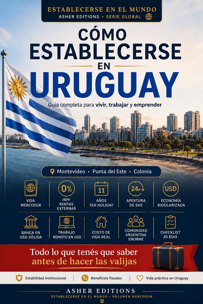 Peut inclure: Image promotionnelle pour un guide sur l'&eacute;tablissement d'une r&eacute;sidence en Uruguay. L'image pr&eacute;sente le drapeau uruguayen, un paysage urbain et du texte en espagnol. Elle comprend des ic&ocirc;nes et du texte sur les avantages financiers et de style de vie.