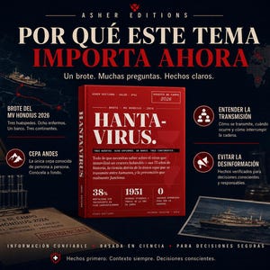 Puede incluir: Un libro rojo titulado "Hantavirus" con el texto "Por Qu&eacute; Este Tema Importa Ahora" sobre un fondo oscuro. La imagen incluye ilustraciones cient&iacute;ficas, un barco y texto sobre el virus, incluyendo estad&iacute;sticas y prevenci&oacute;n.
