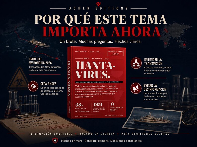 Puede incluir: Un libro rojo titulado "Hantavirus" con el texto "Por Qu&eacute; Este Tema Importa Ahora" sobre un fondo oscuro. La imagen incluye ilustraciones cient&iacute;ficas, un barco y texto sobre el virus, incluyendo estad&iacute;sticas y prevenci&oacute;n.