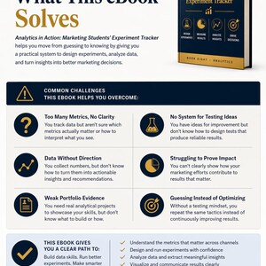 May include: An ebook titled "Analytics in Action: Marketing Students' Experiment Tracker" with a navy blue cover. The cover text is in white and gold. The ebook promises to help readers design experiments, analyse data, and make better marketing decisions.