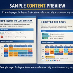 Puede incluir: Vista previa de contenido de muestra con un fondo azul oscuro. La imagen presenta dos p&aacute;ginas con texto y bloques codificados por colores. El texto incluye "PASO 1: INSTALAR EL PROGRAMA PRINCIPAL" y "ELIGE TUS BLOQUES DE TIEMPO."