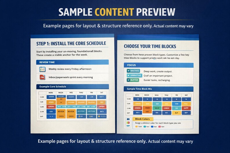Puede incluir: Vista previa de contenido de muestra con un fondo azul oscuro. La imagen presenta dos p&aacute;ginas con texto y bloques codificados por colores. El texto incluye "PASO 1: INSTALAR EL PROGRAMA PRINCIPAL" y "ELIGE TUS BLOQUES DE TIEMPO."
