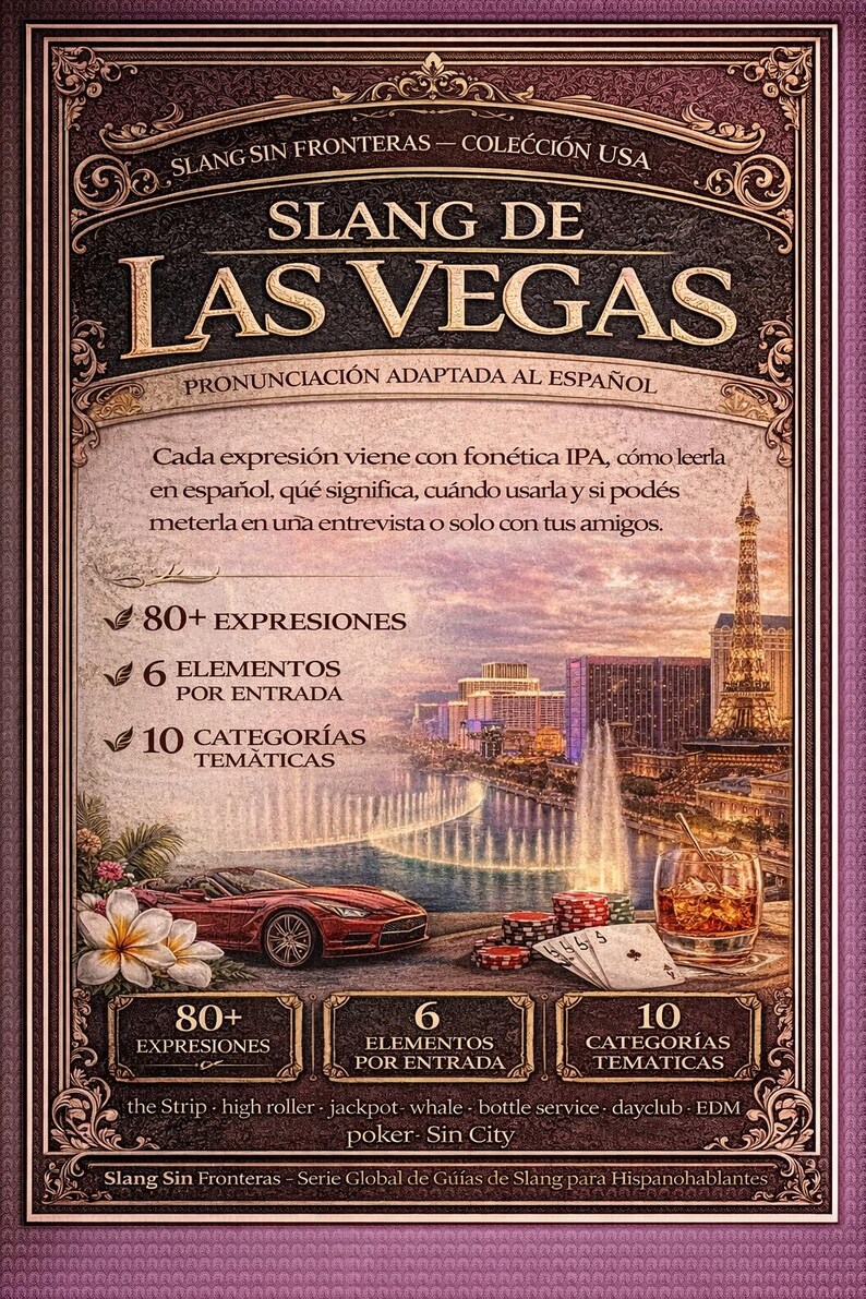 Puede incluir: P&oacute;ster decorativo "Slang de Las Vegas" con una ilustraci&oacute;n del paisaje urbano de Las Vegas. El p&oacute;ster incluye texto en espa&ntilde;ol, con detalles sobre expresiones, elementos y categor&iacute;as tem&aacute;ticas. Un coche deportivo rojo, fichas de p&oacute;quer y un c&oacute;ctel tambi&eacute;n est&aacute;n presentes.