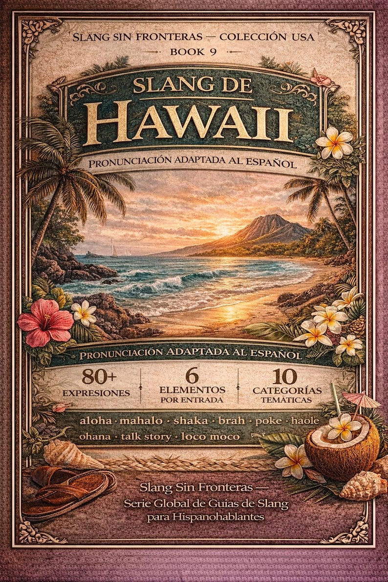 May include: A book cover titled "Slang de Hawaii" with a tropical beach scene. The cover features text in Spanish, including "Pronunciaci&oacute;n Adaptada al Espa&ntilde;ol." It lists 80+ expressions, 6 elements per entry, and 10 thematic categories.