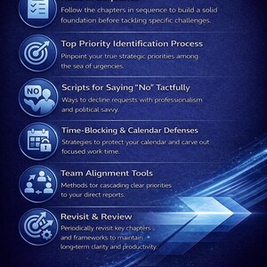 May include: A blue graphic with the text "HOW TO USE THIS eBook". The image lists steps including "Read in Sequence", "Top Priority Identification Process", "Scripts for Saying 'No' Tactfully", "Time-Blocking & Calendar Defenses", "Team Alignment Tools", and "Revisit & Review".