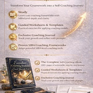 May include: An ebook titled "How to Use this eBook" with a dark blue cover, gold lettering, and a gold arrow. The image includes text about self-coaching, worksheets, and a coaching journal. The ebook is designed for personal growth and leadership transformation.