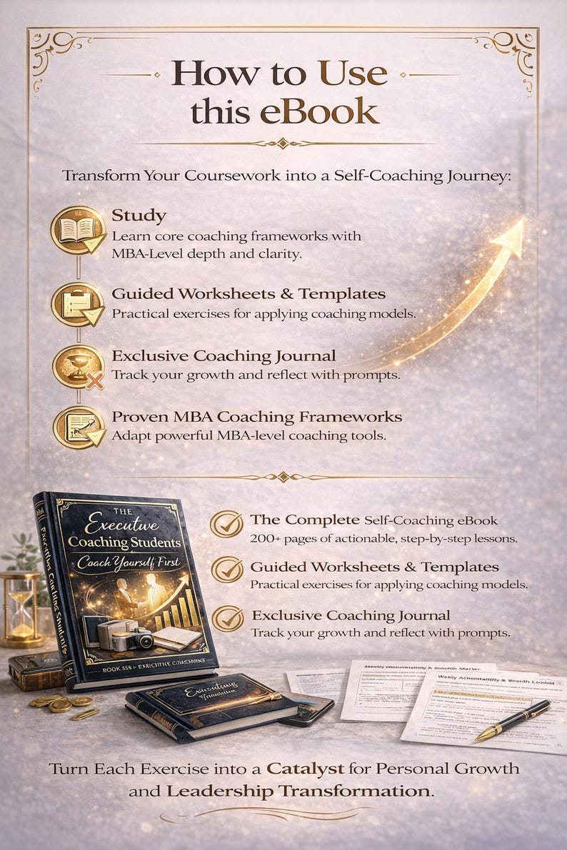 May include: An ebook titled "How to Use this eBook" with a dark blue cover, gold lettering, and a gold arrow. The image includes text about self-coaching, worksheets, and a coaching journal. The ebook is designed for personal growth and leadership transformation.