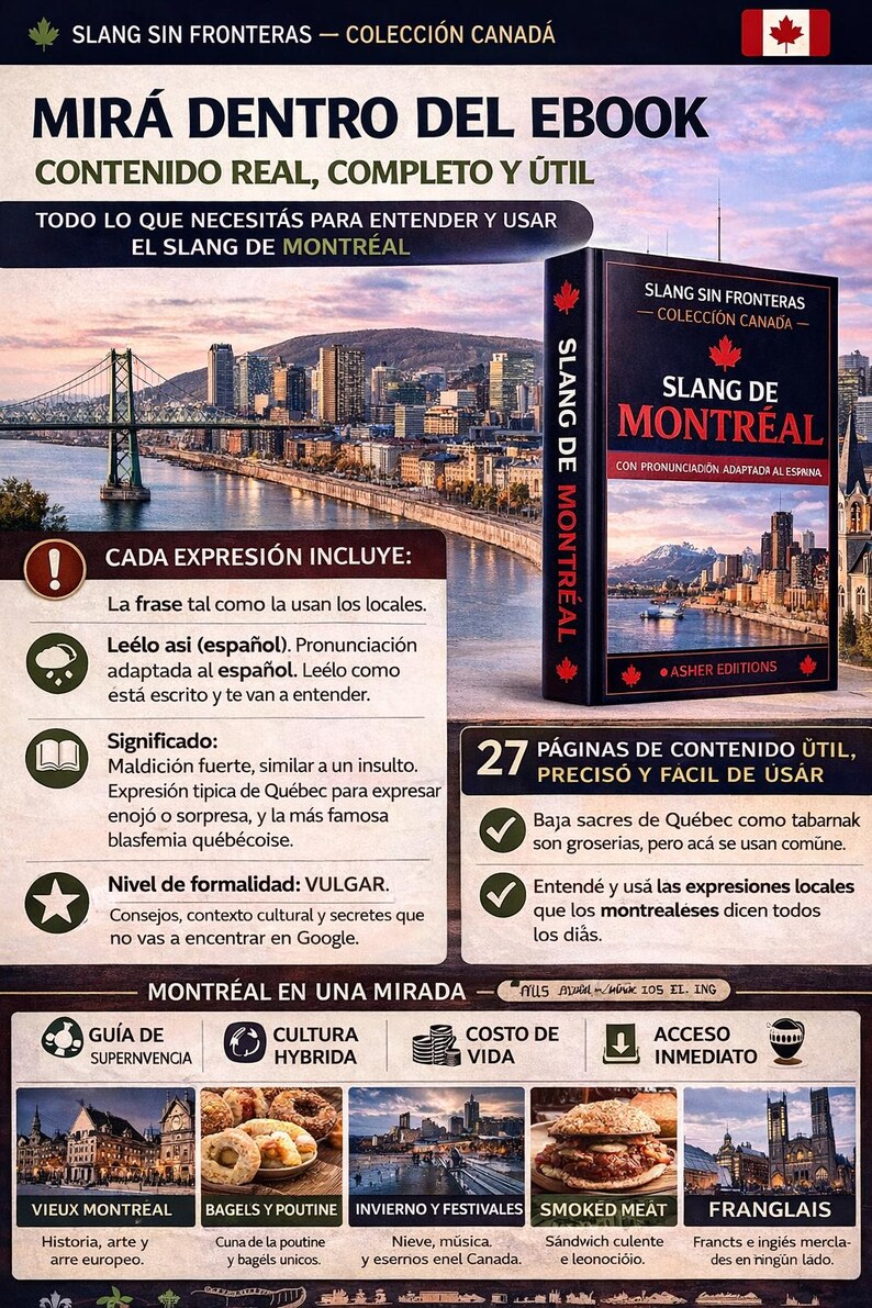 May include: A book cover for "Slang de Montreal" set against a cityscape. The book is part of the "Slang Sin Fronteras - Colecci&oacute;n Canad&aacute;" series. The cover features text in Spanish and English, and a maple leaf.