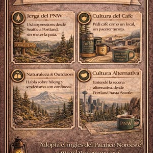 May include: A vintage-style educational poster in brown tones, featuring four illustrated cards about Pacific Northwest culture and language. The cards cover PNW slang, coffee culture, nature, and alternative culture, with text in Spanish. Includes a lantern and books.