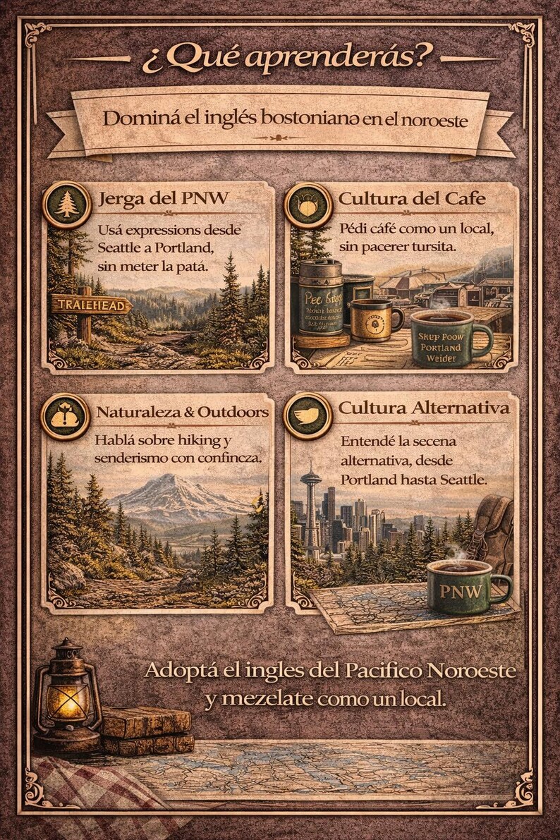 May include: A vintage-style educational poster in brown tones, featuring four illustrated cards about Pacific Northwest culture and language. The cards cover PNW slang, coffee culture, nature, and alternative culture, with text in Spanish. Includes a lantern and books.