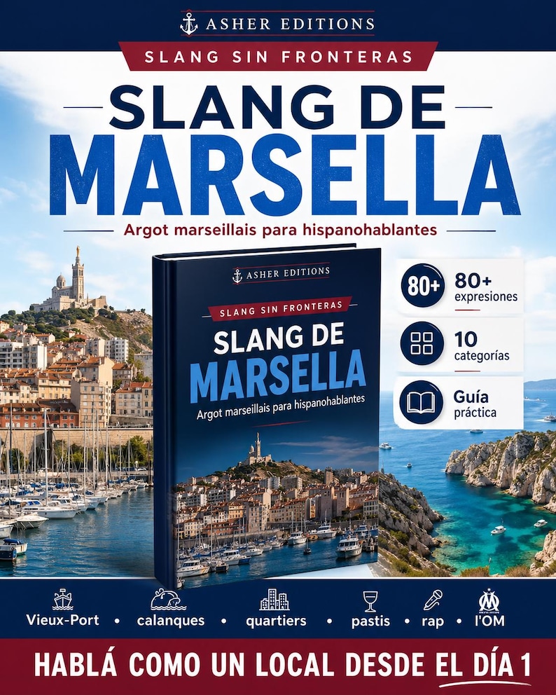 May include: A book titled "Slang de Marsella" with a harbor scene on the cover. The book is part of the "Slang Sin Fronteras" series and includes over 80 expressions and 10 categories. The text "Habl&aacute; como un local desde el d&iacute;a 1" is also visible.