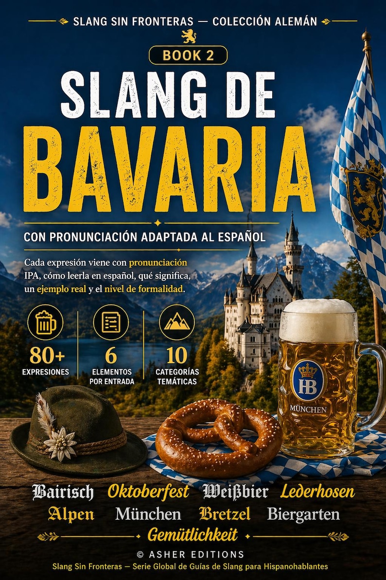May include: Book cover titled "Slang de Bavaria" with text in yellow and white. The image includes a Bavarian hat, pretzel, beer stein, and a castle. The book is part of the "Slang Sin Fronteras" series, with over 80 expressions and 10 thematic categories.