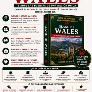 Puede incluir: Portada del libro "Slang de Wales" en espa&ntilde;ol, de la colecci&oacute;n "Slang Sin Fronteras". Muestra un paisaje gal&eacute;s con un castillo y texto que promueve la comprensi&oacute;n de la jerga y la cultura galesa.