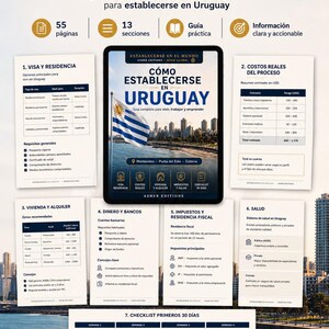 Peut inclure: Une couverture d'ebook avec le titre "CONTENIDO REAL DEL EBOOK" et le texte "C&oacute;mo establecerse en Uruguay". Le guide comprend des sections sur les visas, les co&ucirc;ts, le logement, les banques, les imp&ocirc;ts, la sant&eacute; et une liste de contr&ocirc;le de 30 jours. Le drapeau uruguayen est pr&eacute;sent.