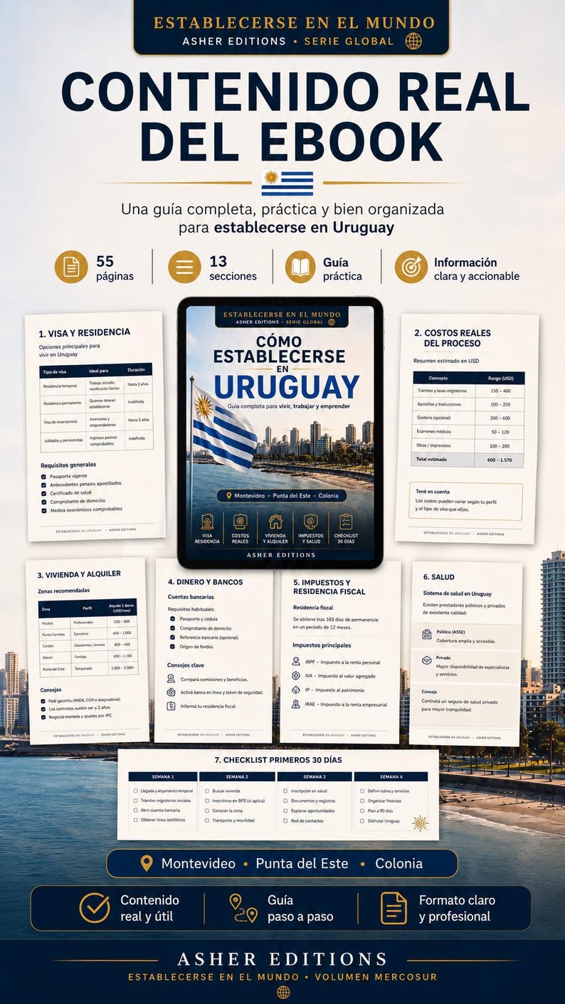 Peut inclure: Une couverture d'ebook avec le titre "CONTENIDO REAL DEL EBOOK" et le texte "C&oacute;mo establecerse en Uruguay". Le guide comprend des sections sur les visas, les co&ucirc;ts, le logement, les banques, les imp&ocirc;ts, la sant&eacute; et une liste de contr&ocirc;le de 30 jours. Le drapeau uruguayen est pr&eacute;sent.