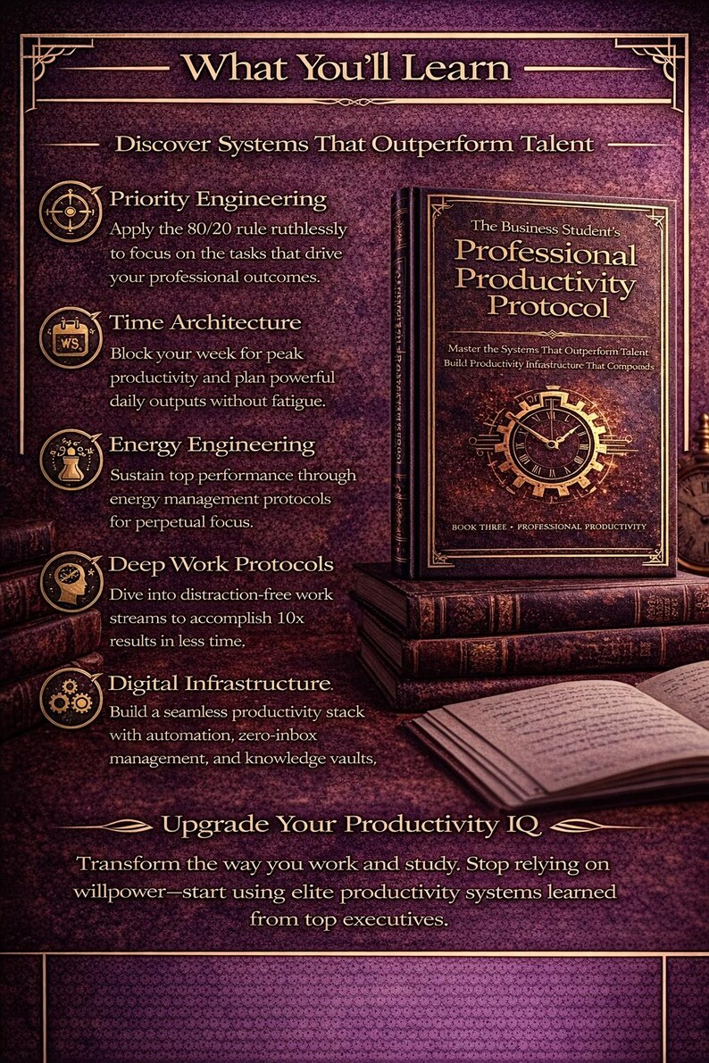 Puede incluir: Un libro titulado "The Business Student's Professional Productivity Protocol" con un dise&ntilde;o de reloj dorado en la portada. La imagen tiene una est&eacute;tica oscura y vintage con texto.