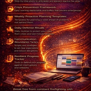 May include: An image with the text "WHAT YOU'LL RECEIVE" and a list of tools and systems to help with planning and crisis prevention. A laptop, phone, coffee cup, and documents are on a desk.