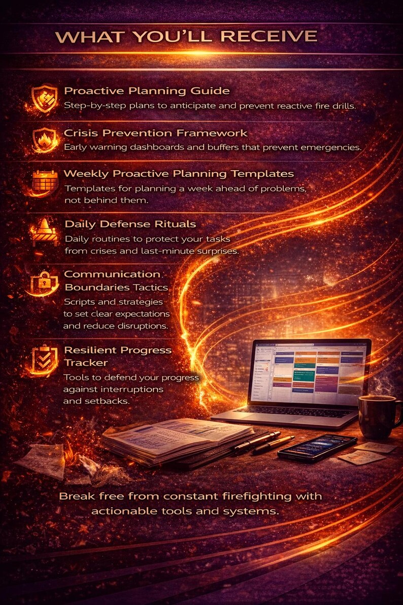 May include: An image with the text "WHAT YOU'LL RECEIVE" and a list of tools and systems to help with planning and crisis prevention. A laptop, phone, coffee cup, and documents are on a desk.