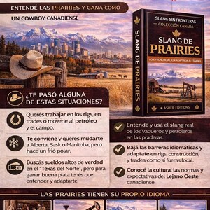 Op de afbeelding: Advertentie voor een ebook getiteld "Slang de Prairies" in het Spaans, onderdeel van de collectie "Slang Sin Fronteras". De afbeelding toont een cowboyhoed, een stadsgezicht en illustraties gerelateerd aan de Canadese prairies.