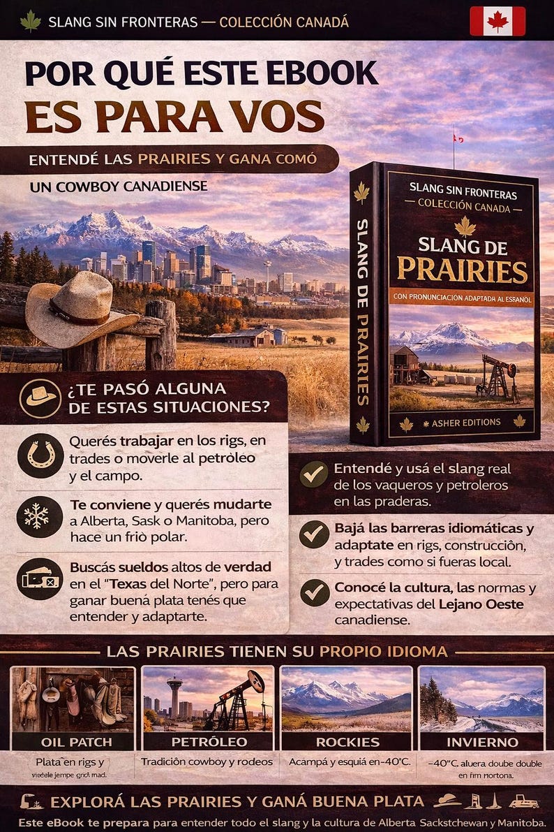 Op de afbeelding: Advertentie voor een ebook getiteld "Slang de Prairies" in het Spaans, onderdeel van de collectie "Slang Sin Fronteras". De afbeelding toont een cowboyhoed, een stadsgezicht en illustraties gerelateerd aan de Canadese prairies.