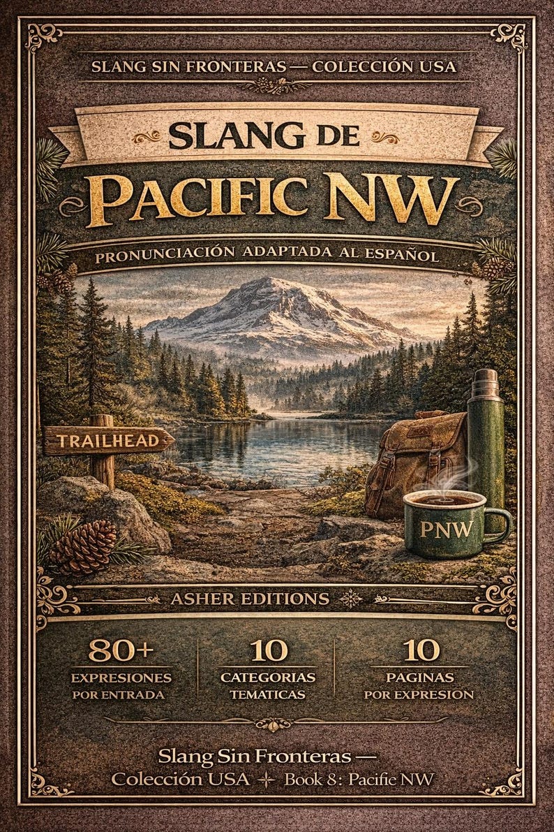 May include: Book cover for "Slang de Pacific NW" with a scenic illustration of a mountain lake and forest. Includes a coffee mug with "PNW" on it, a thermos, and a backpack. The cover also has text in Spanish.