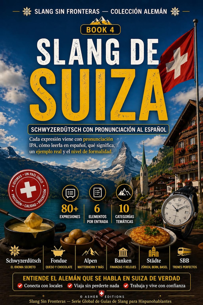 May include: Book cover titled "SLANG DE SUIZA" with Swiss flag and mountain backdrop. Features text in Spanish and German, with icons for expressions, elements, and categories. Includes images of Swiss food and a wristwatch.