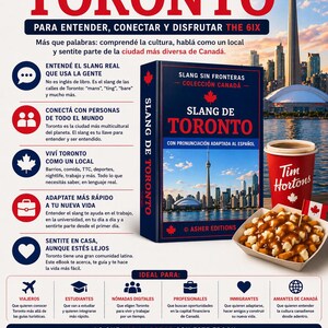 K&ouml;nnte beinhalten: Werbung f&uuml;r "El Slang de Toronto", ein E-Book zum Erlernen von Toronto-Slang. Das Bild zeigt das Buch, eine Tim Hortons Kaffeetasse, Poutine und die Skyline von Toronto. Das Buch ist auf Spanisch.