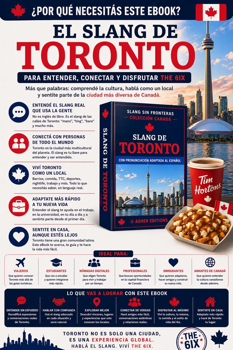 K&ouml;nnte beinhalten: Werbung f&uuml;r "El Slang de Toronto", ein E-Book zum Erlernen von Toronto-Slang. Das Bild zeigt das Buch, eine Tim Hortons Kaffeetasse, Poutine und die Skyline von Toronto. Das Buch ist auf Spanisch.