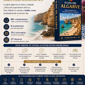 Puede incluir: Portada del libro "Slang del Algarve" en espa&ntilde;ol. La portada muestra un paisaje costero y texto en espa&ntilde;ol. El libro promete ense&ntilde;ar a hablar como un lugare&ntilde;o en la regi&oacute;n del Algarve.