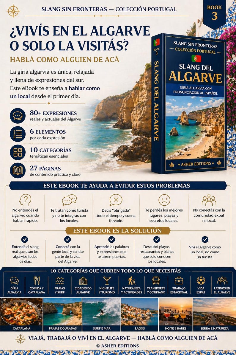 Puede incluir: Portada del libro "Slang del Algarve" en espa&ntilde;ol. La portada muestra un paisaje costero y texto en espa&ntilde;ol. El libro promete ense&ntilde;ar a hablar como un lugare&ntilde;o en la regi&oacute;n del Algarve.