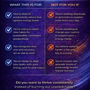 May include: A graphic with the title "WHAT THIS IS FOR" lists characteristics for and against a productivity approach. The text is in white on a dark purple background. The image is designed to help the viewer understand how to thrive consistently.