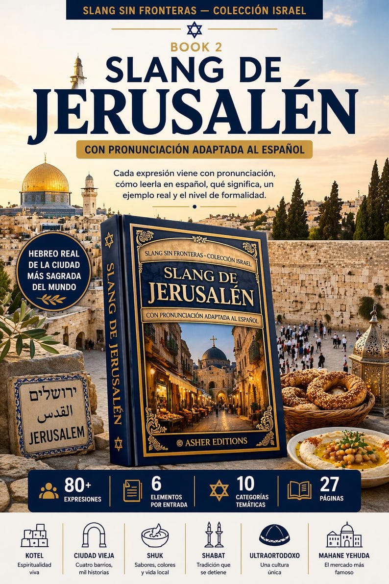 May include: A book titled "Slang de Jerusalem" with a blue cover, featuring a photo of a Jerusalem street scene. The book is part of the "Slang Sin Fronteras" collection and includes Spanish pronunciation guides. The image also shows food and architectural elements.