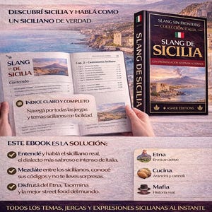 May include: A book titled "Slang de Sicilia" with a black cover and the Italian flag. The book is open to a page with text and a landscape image. The image also includes text in Spanish.