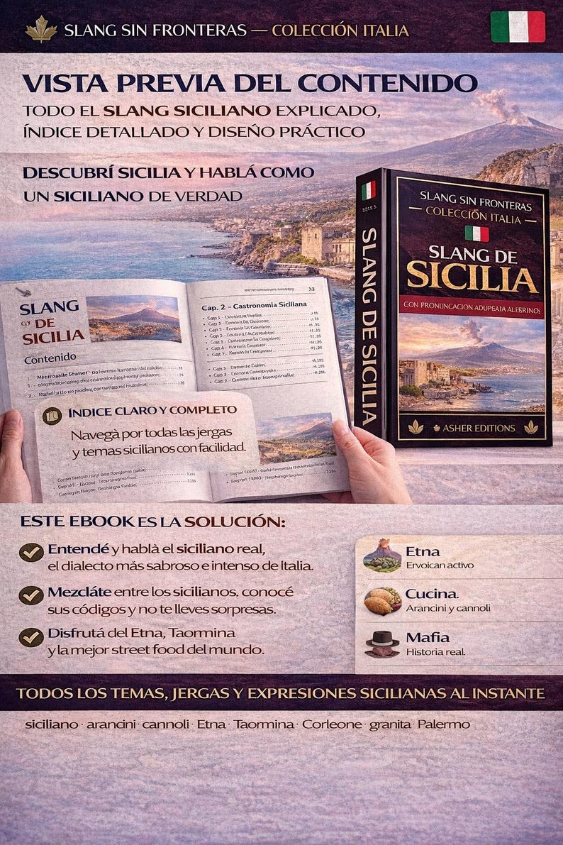 May include: A book titled "Slang de Sicilia" with a black cover and the Italian flag. The book is open to a page with text and a landscape image. The image also includes text in Spanish.