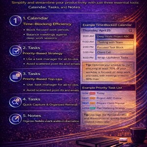 May include: A digital planning guide with a purple gradient background. The guide is titled "Master the 3-Tool Planning Stack" and includes sections on calendar, tasks, and notes. A sample calendar and task list are also shown.
