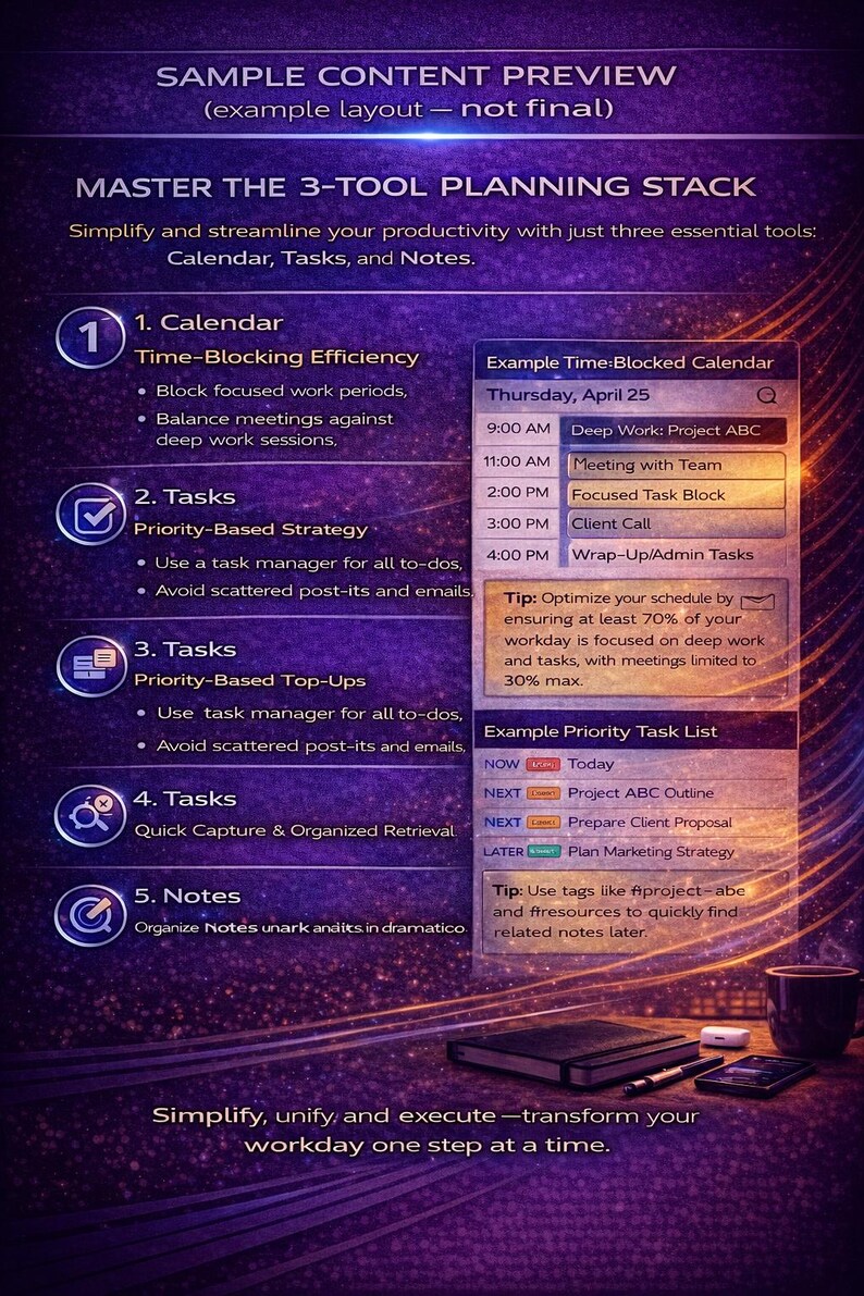 May include: A digital planning guide with a purple gradient background. The guide is titled "Master the 3-Tool Planning Stack" and includes sections on calendar, tasks, and notes. A sample calendar and task list are also shown.